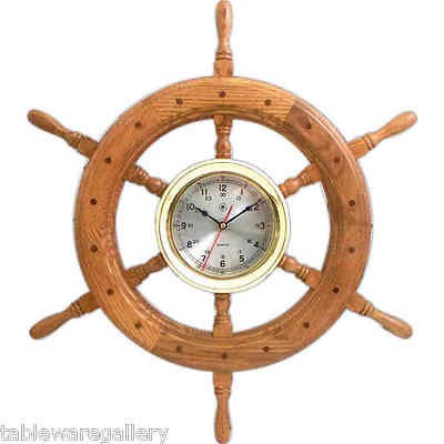 Bey Berk Large 24 Inch Brass/Oak Ship’s Wheel Clock (New)