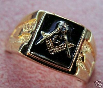 MASONIC mens ring black enamel inlay 18K yellow gold overlay size 13