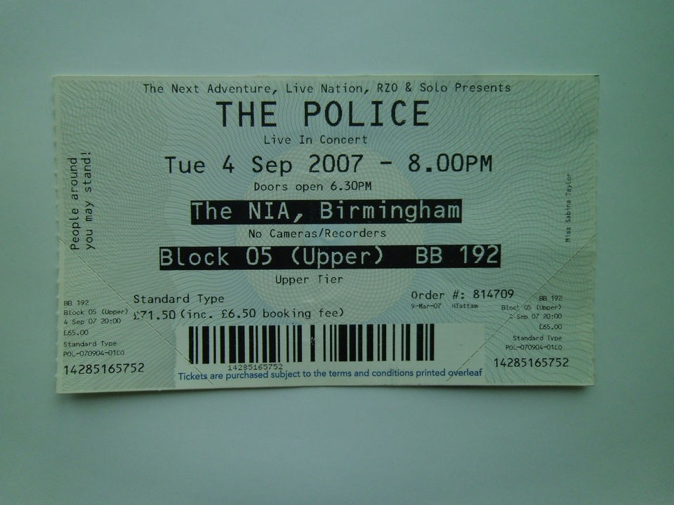 THE POLICE MEMORABILIA UNUSED TICKET THE NIA BIRMINGHAM 04/09/07