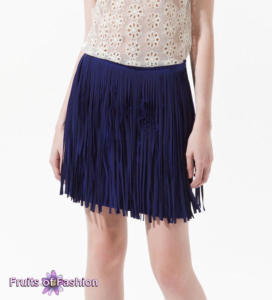 Zara Woman Dark Blue Long Fringe Tassel Short Mini Skirt Size Small/S 