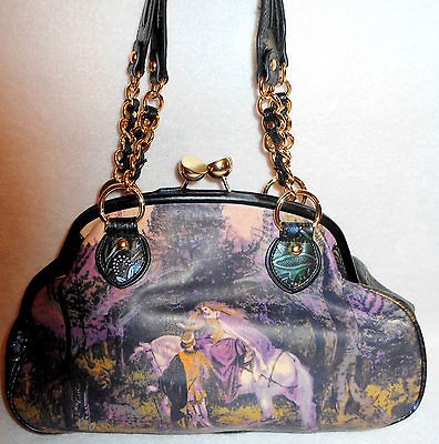 NEW SHARIF COUTURE LEATHER MEDIEVAL FOREST SCENE SATCHEL HANDBAG MULTI 