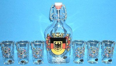 German Eagle Crest Liquor Decanter with 6 Germany Liquor Shot Glasses