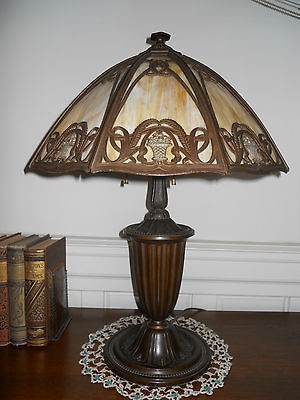 ART NOUVEAU DECO LAMP with Caramel Glass Panels BRADLEY HUBBARD