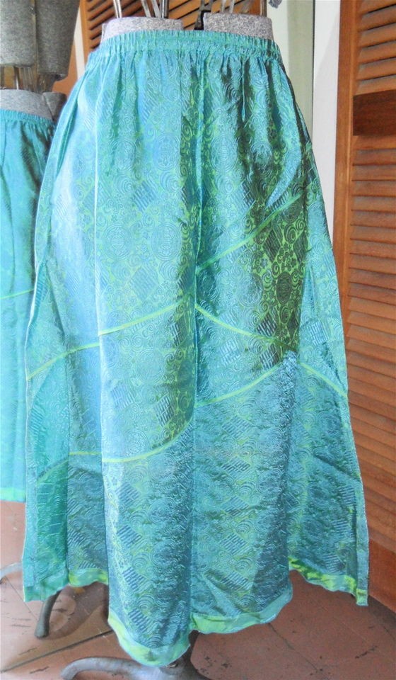 ENDLESS KNOT SILK POOL TURQUOISE/AQUA BROCADE SKIRT PIPED SEAMS NWOT M