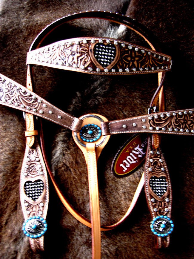 BRIDLE BREAST COLLAR WESTERN LEATHER HEADSTALL TACK TURQUOISE CRYSTALS 