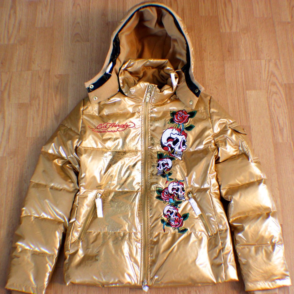 Womens ED HARDY Winter Snow Ski Bubble Jacket Coat Gold Parka 