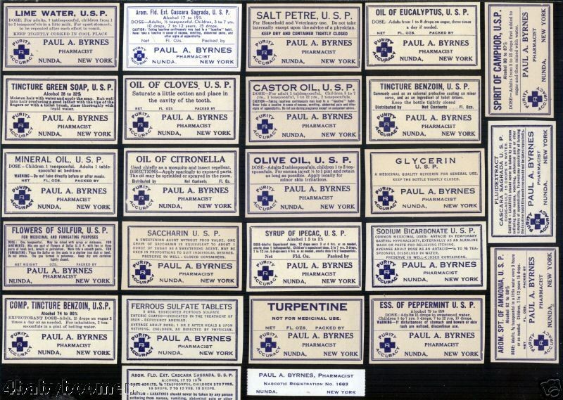   Medicine Bottle Labels Lot BYRNES Drug Store PHARMACY Nunda New York