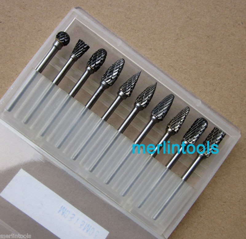 10 Pcs Solid Carbide Bur Burr Double Cut Set suits for Dremel 320 