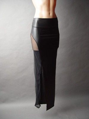 Black Faux Leather Sheer Mesh Slit Split High Waist Pencil Long Maxi 