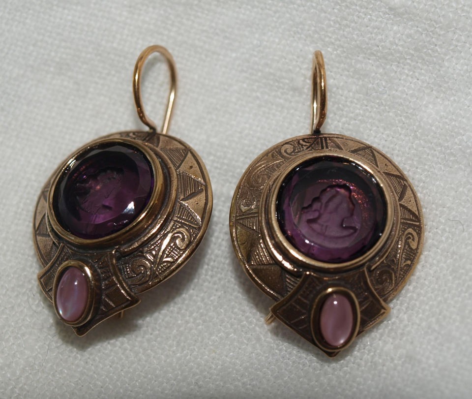   BALMORAL ENGRAVED AMETHYST INTAGLIO CAMEO FRENCH WIRE EARRINGS