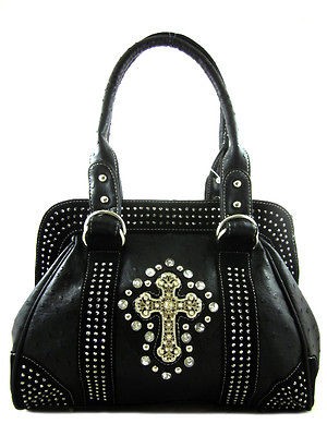 Western Rhinestone Cross Sparkly Stud Satchel Purse Handbag Flower 