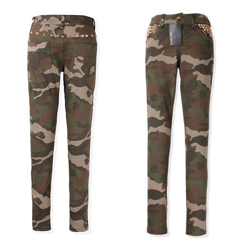   Skinny Jeans Lady Full Length Camo Print Trousers Zip Up Pants