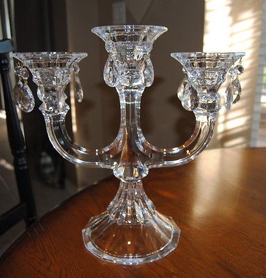 VTG CRYSTAL CANDELABRA 3 CANDLE W/ LUSTERS MINT 13 X 13 HUGE