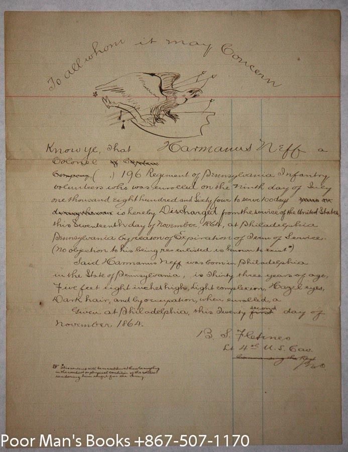 HANDWRITTEN DOCUMENT SATIRIZING MILITARY DISCHARGE PROCEDURES 1864 