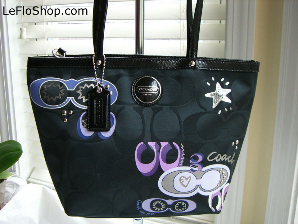 COACH Black Signature Applique Sequin Tote Purse 17587