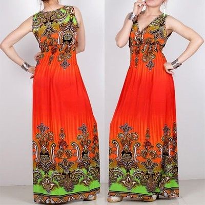 Orange 7D002 size L Summer Womens sleeveless Boho Party long maxi 