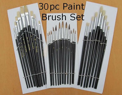 30PC ARTIST PAINT BRUSH SET FLAT, ROUND, FINE OIL WATER COLOUR ETC