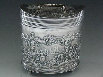 Dutch .934 Sterling Silver Tea Caddy Box w/ figural scenes   c1903