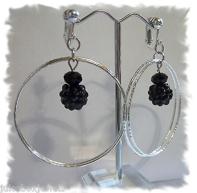 CLIP ON 1.75 BLACK Double Hoop RhinestoneEarr​ings(C810)JUIC​EBOX 