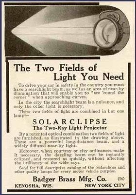 1910 BADGER BRASS AD FOR SOLARCLIPSE AUTO HEADLAMPS