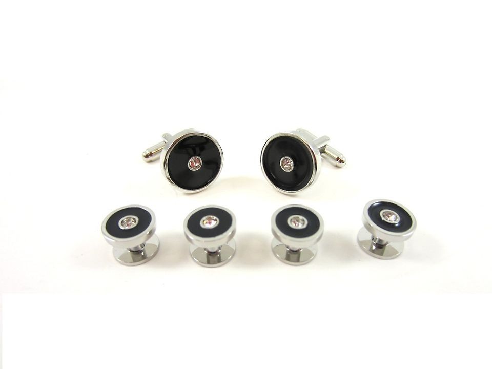 Onyx Cufflinks and Tuxedo Stud Set w/Crystal Center