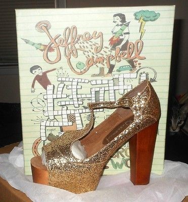 JEFFREY CAMPBELL FOXY GOLD GLITTER WOODY T STRAP PLATFORMS 7.5