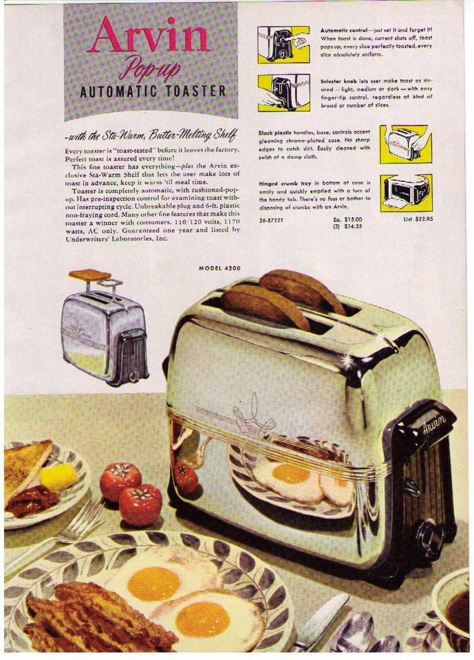 1951 AD ARVIN POP UP TOASTER, PORTABLE COOL R HOT ELECTRIC FAN HEATERS