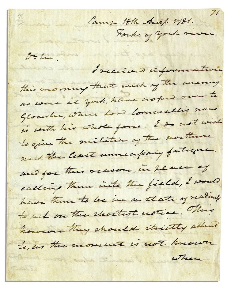   Letter Signed Where He Writes That Cornwallis Is Across from Yorktown