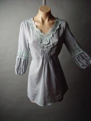   Gry Crochet Embroidered Lace Vtg y Peasant Cotton Top Blouse Tunic M