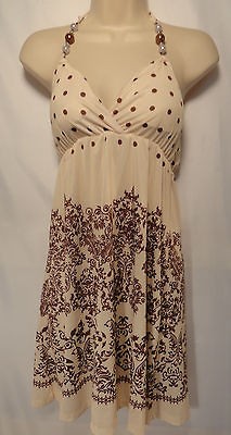 New Cristinalove Women’s Decorated Print Ecru Brown Halter Dress 