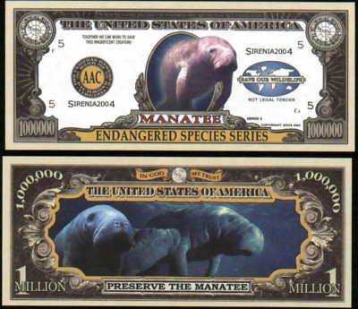 ENDANGERED MANATEE MILLION DOLLAR BILL   LOT OF 2 BILLS