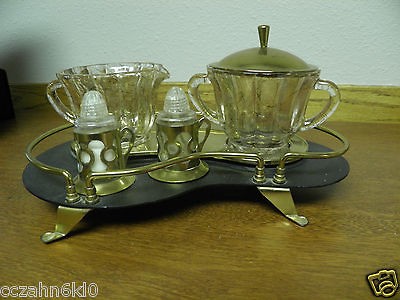 Vtg 6pc Creamer Sugar Set Salt & Pepper Shakers w/ Gold Plate Tray 