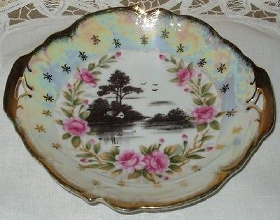   Ware Lusterware Bowl House Lake Roses Fleur de Lis Gold Japan Label