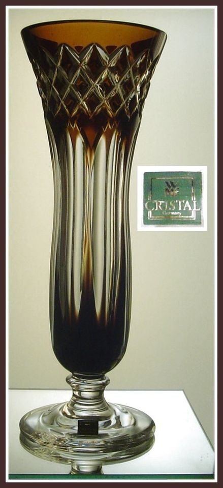   BROWN Pedestal Vase CUT TO CLEAR CRYSTAL Bavaria, Germany WMF