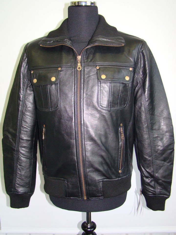 JACKIE MENS BLACK CUBA BOMBER BIKER LEATHER JACKET