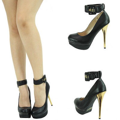 BLK ROUND TOE GOLD HIGH HEEL PLATFORM MARY JANE ANKLE STRAP STILETTO 