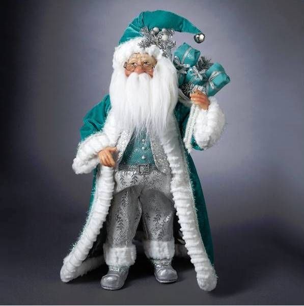 JACQUELINE KENT TEAL/SILVER STANDING 19 SANTA CHRISTMAS FIGURE, FREE 