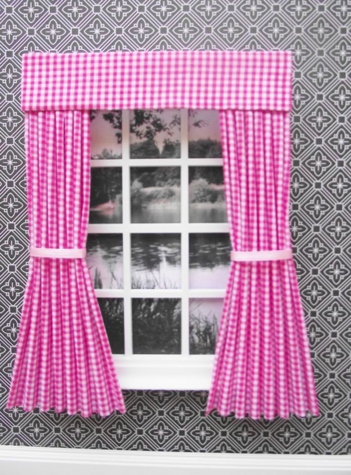 MINIATURE DOLLS HOUSE PINK CHECK CURTAINS AND PELMET 12CM WIDE NEW