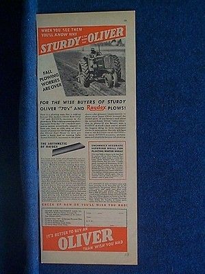 1939 Oliver 70 Tractor Ad ~ Raydex Plows Also Featured