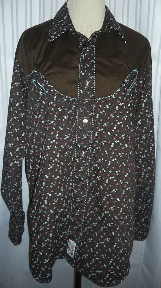 Ladies Panhandle Slim Western Floral Brown Blue Pearl Snap Shirt L