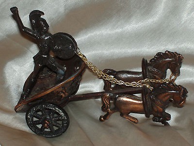 ROMAN SOLDIER ON CHARIOT W TWO HORSES TIN STYLE TOY AS IS WHEELS ARE 