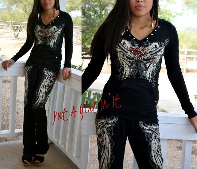 PLUS SIZE CRYSTAL TATTOO GUNS PISTOL WINGS HOODIE SWEATSUIT JOGGING 1X 