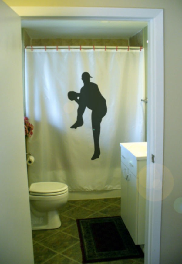 Shower Curtain baseball pitcher pitch throw ball cap