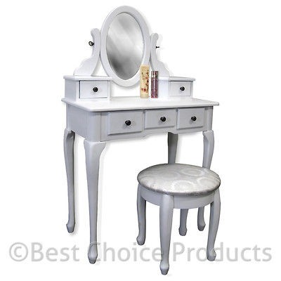 Vanity Table Jewelry Makeup Desk Bench Drawer White Solid Wood 