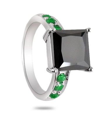 08 Cts Certified Princess Cut Black Diamond Ring with Emeralds