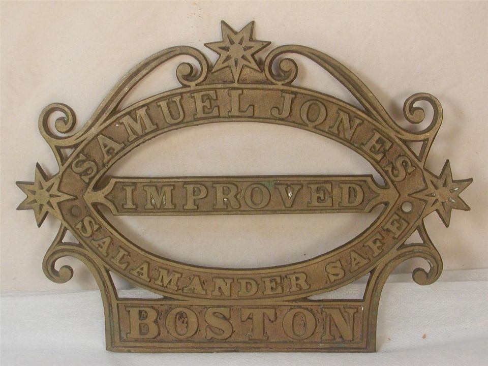 EARLY SAMUEL JONES IMPROVED SALAMANDER SAFE BOSTON BRASS NAME PLATE 