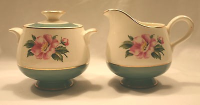 VTG HOMER LAUGHLIN China Cavalier Pink Rose 3 Piece Creamer/Sugar Bowl 