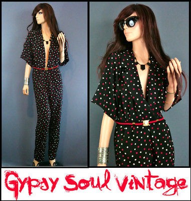 Vtg 70s 80s DISCO JUMPSUIT SEXY Deep V Plunge Drapy ColorBlock Red 