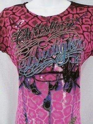 NEW Christian Audigier Size S Dream Catcher SS Tee, Fuchsia w/Stones 