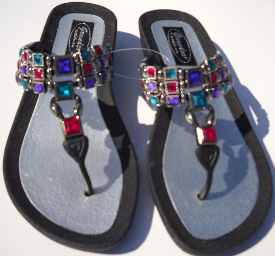 GRANDCO DRESSY Beach Pool THONG BLING Black GEMSTONE Jeweled Sandals 